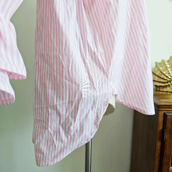 Italian 100% Cotton By Coco Pink White Striped Ruffle Button Up Shirt Size L/XXL - Picture 12 of 15
